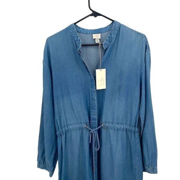 A New Day Womens Button Front Chambray Drawstring Denim Dress Blue Medium NWT - Picture 2 of 10